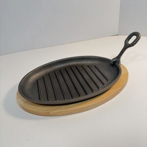 Cast Iron Sizzling Fajita Skillet Japanese Steak Plate And Handle Wood Base